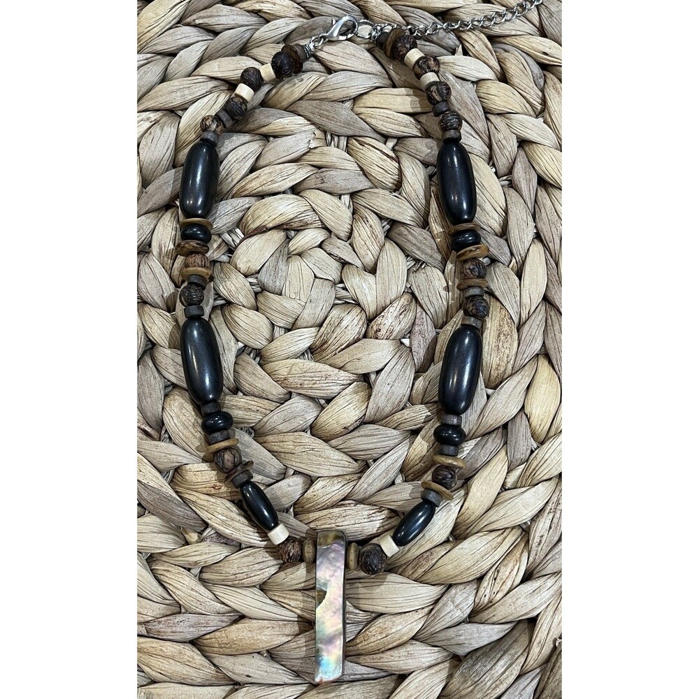 Paua Shell & Calcite Reversible Pendant W/ Wooden Beads Necklace Boho Tribal